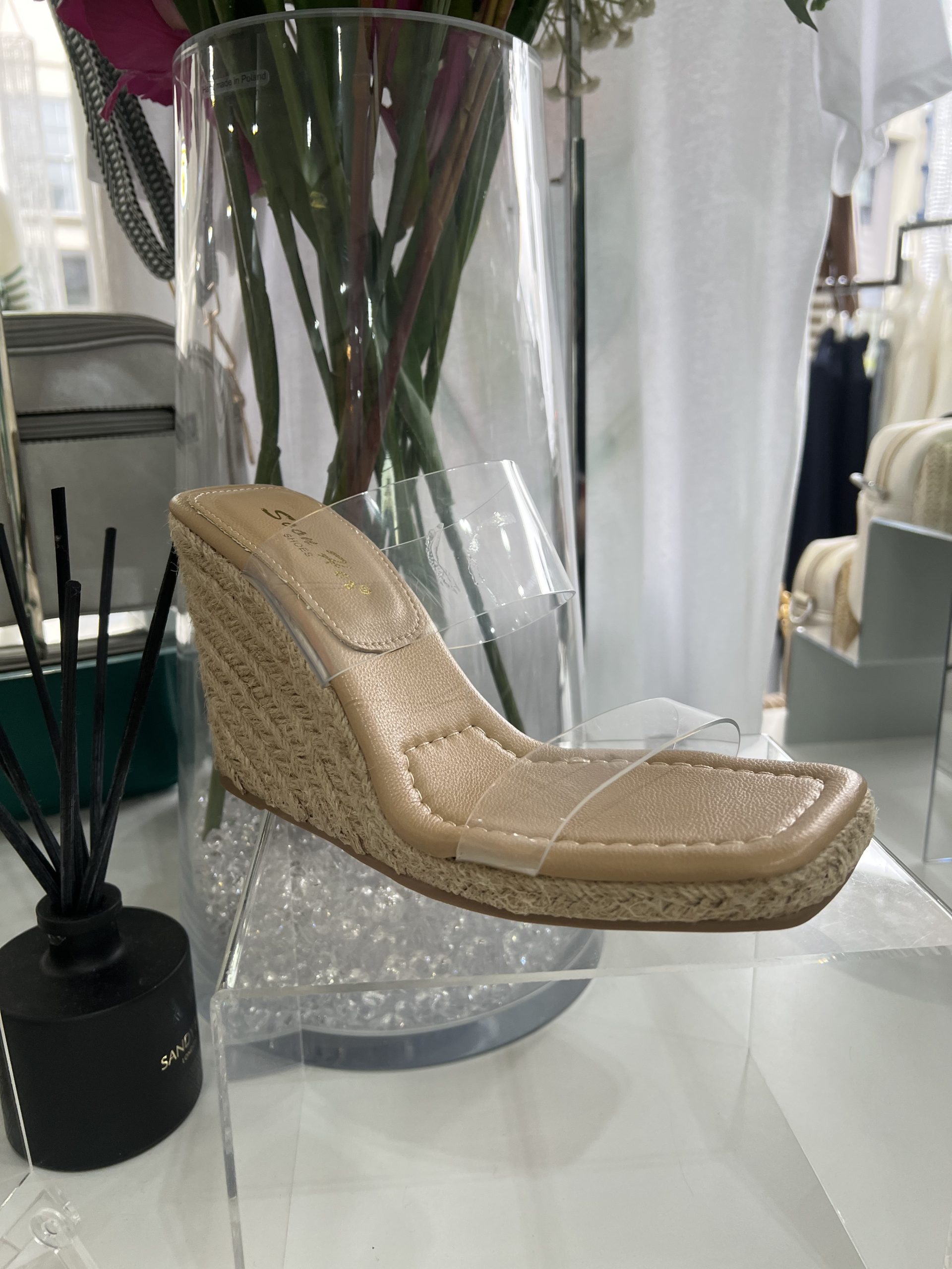 Clear Strap Hessian Wedge – Designer Chic