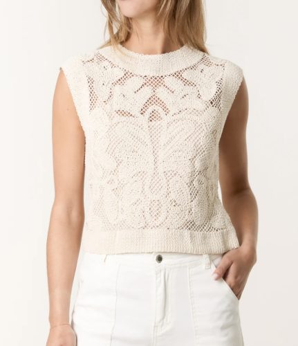 Cream Leaf Crochet Sleeveless Round Neck Top