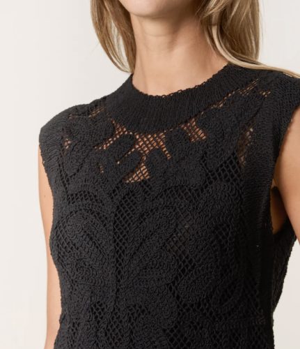 Black Leaf Crochet Sleeveless Round Neck Top