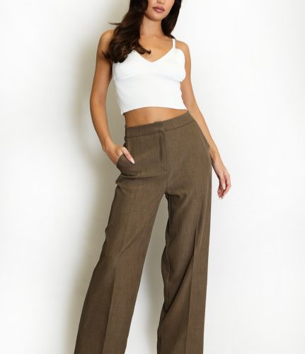 ELARA Taupe Textured Straight Leg Trousers