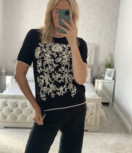 CLEO Black Embroidery Floral Fine Knit Tops