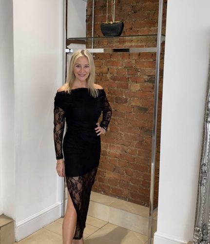 ISABELLA Lace Overlay Off The Shoulder Long Sleeve Midi Dress