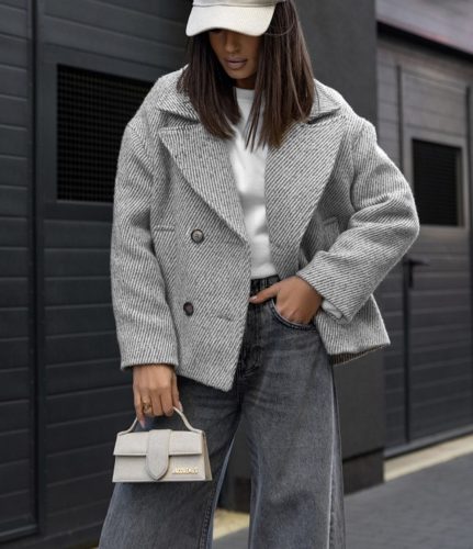 STELLA Grey Striped Oversized Collar Coat